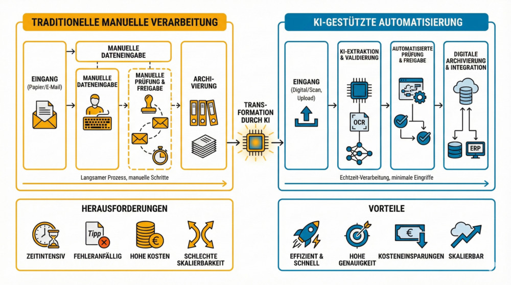 Unterschied zwischen traditioneller manueller Rechnungsverarbeitung und KI-gestützter Automatisierung