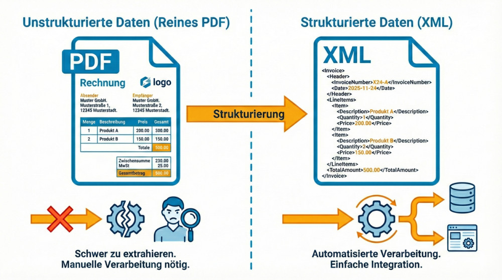 Unterschied der maschinellen Verarbeitungsmöglichkeit von PDF und XML