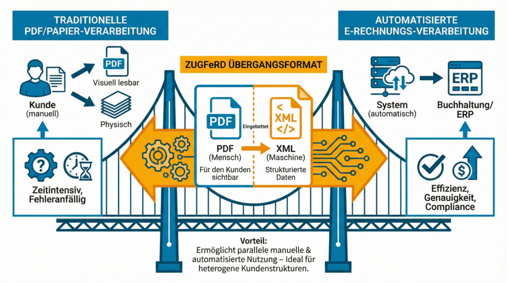 ZUGFeRD als geeignetes Übergangsformat, wenn Kunden noch keine E-Rechnungen verarbeiten können